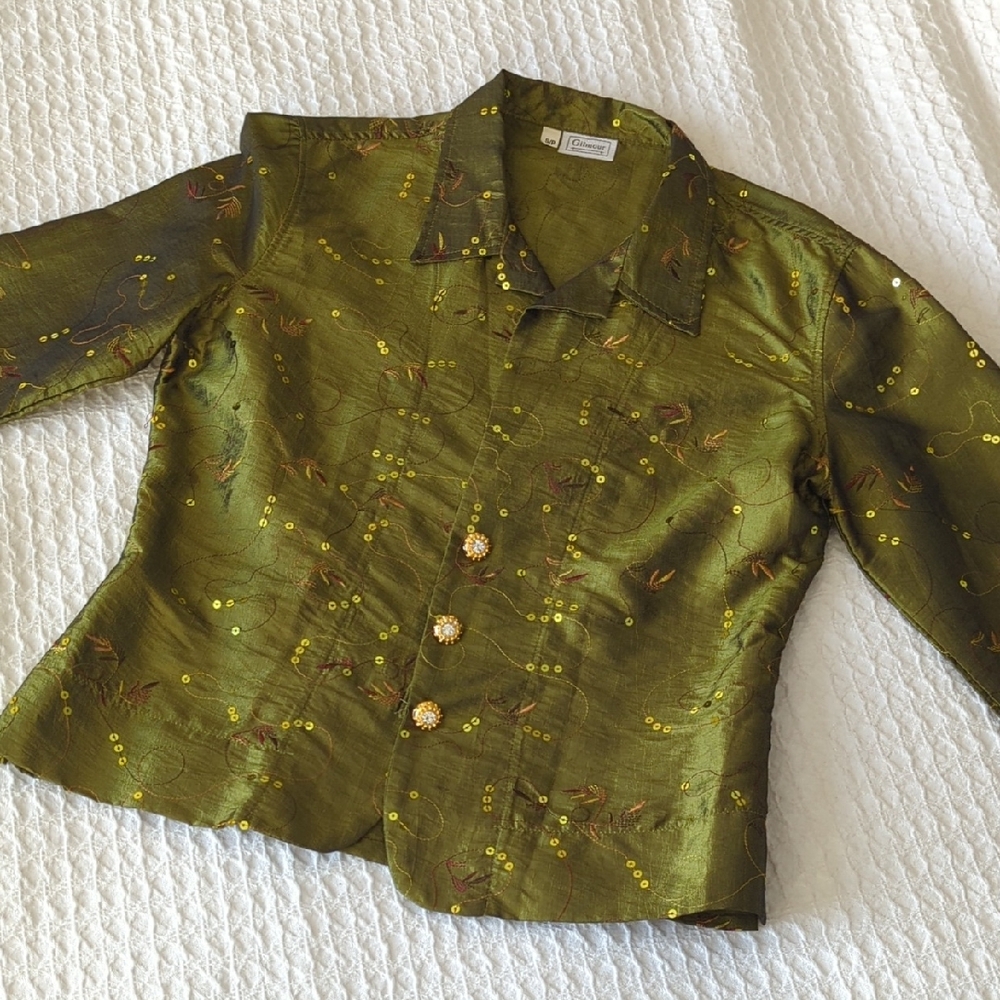 Green Satin Blazer with Gold Accents